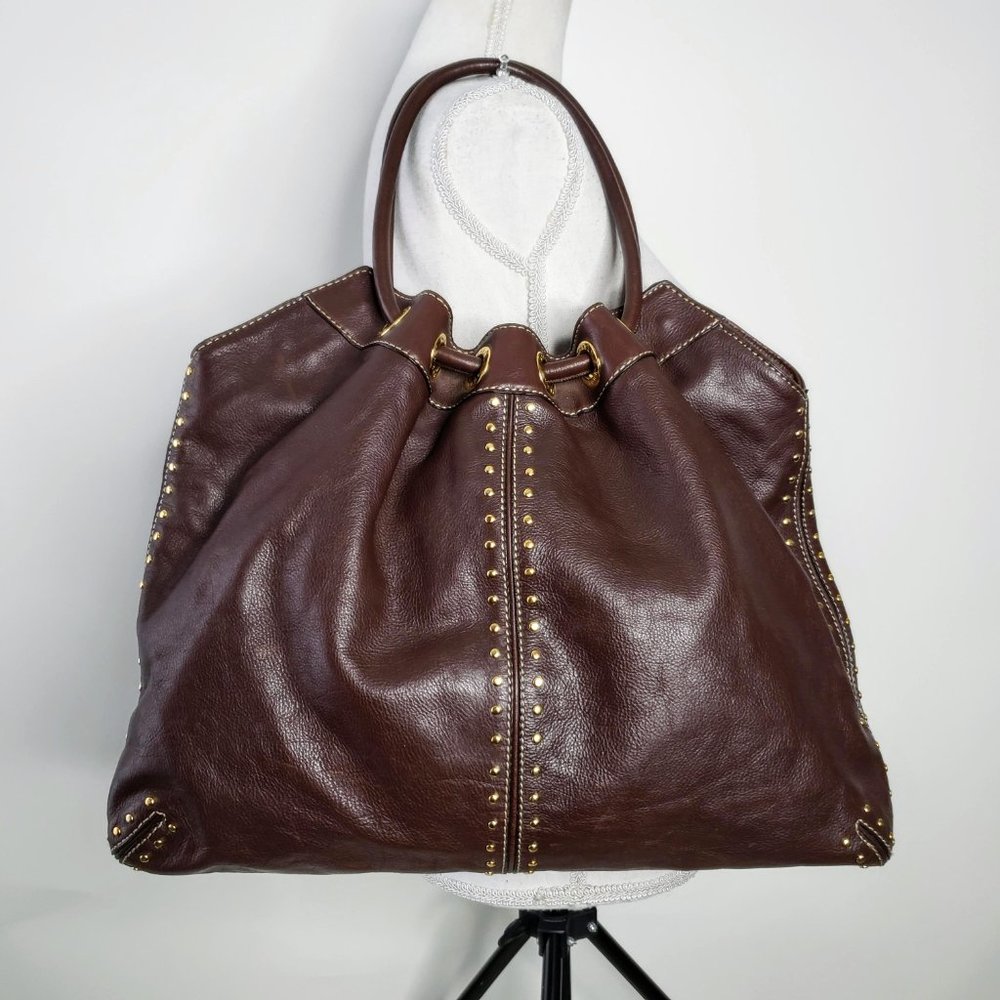 Michael Kors Brown Studded Leather Cinch Top Tote Bag